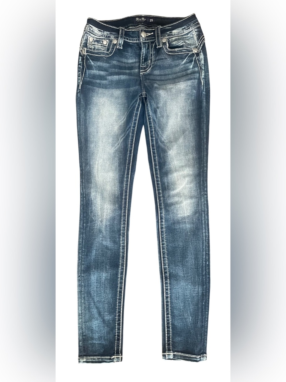 Miss Me Jeans Women’s 25 Blue Denim Mid-Rise Skinny Rhinestone Embellished Rock